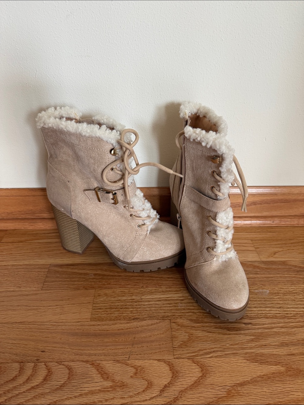 Express Beige Faux-Shearling Lace-Up Block Heel Boots - Women